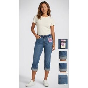 Lee Slender Secret Stretch Capri Jeans Blue Cuffed Denim with Belt Size 8 Petite
